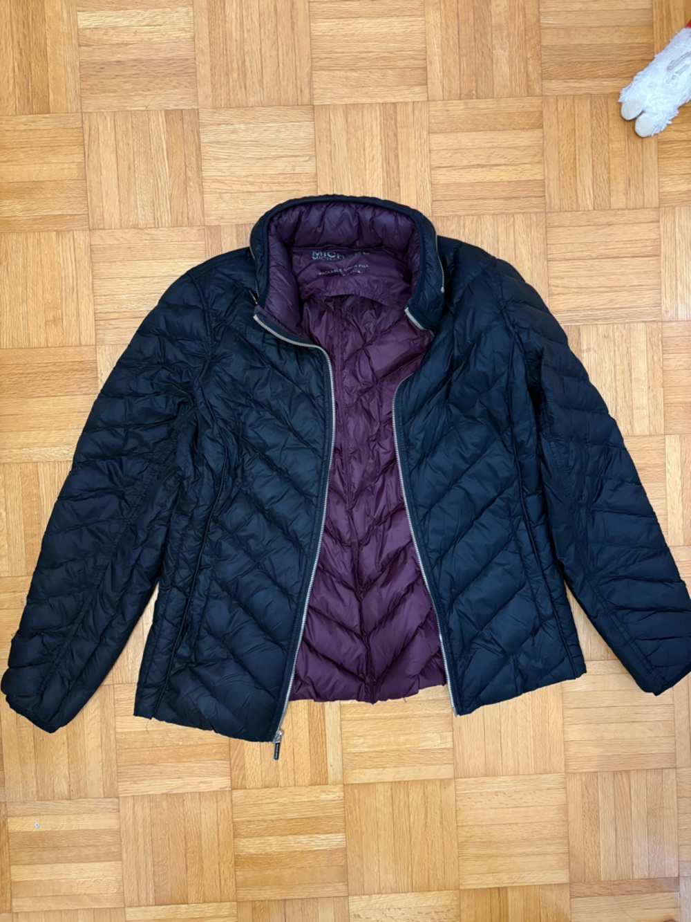 Michael Kors Black Quilted Down Fill Packable Jacket with Plum Lining